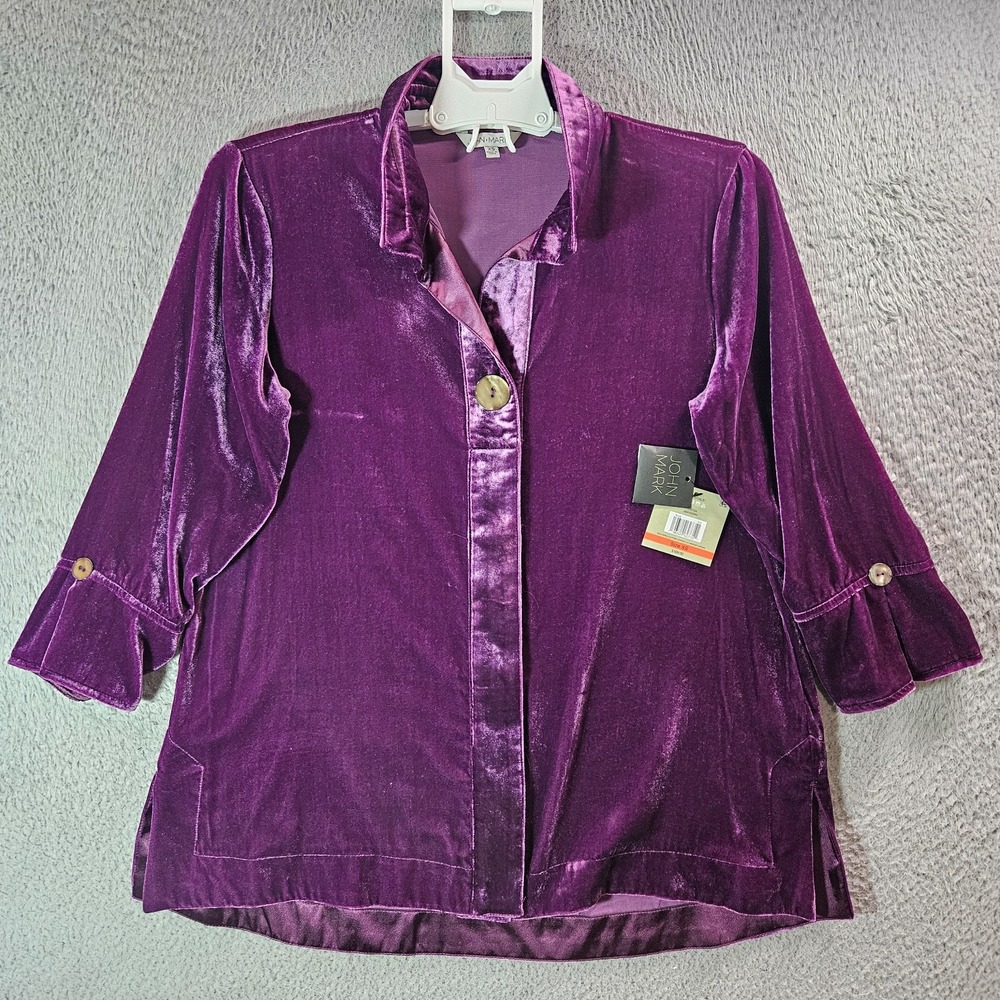 $109 NEW John Mark Tunic Velvet Shirt Top Women XS Button Up Cherry Purple